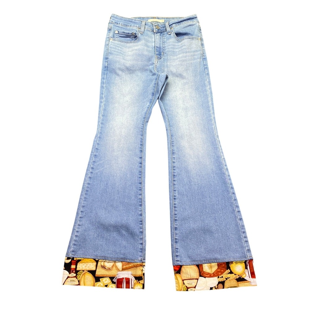 Levis 726 Flare Jeans 28 Light Wash Italian Food Pasta Wine Novelty Cuff A3410